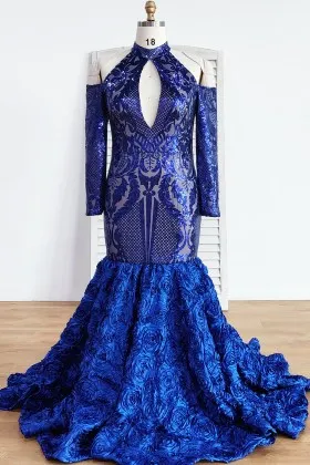 blue cold shoulder keyhole trumpet african american prom gown