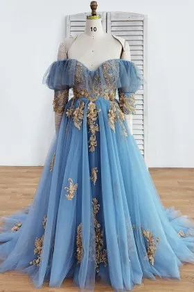 gold lace blue tulle off the shoulder bridal shower gown