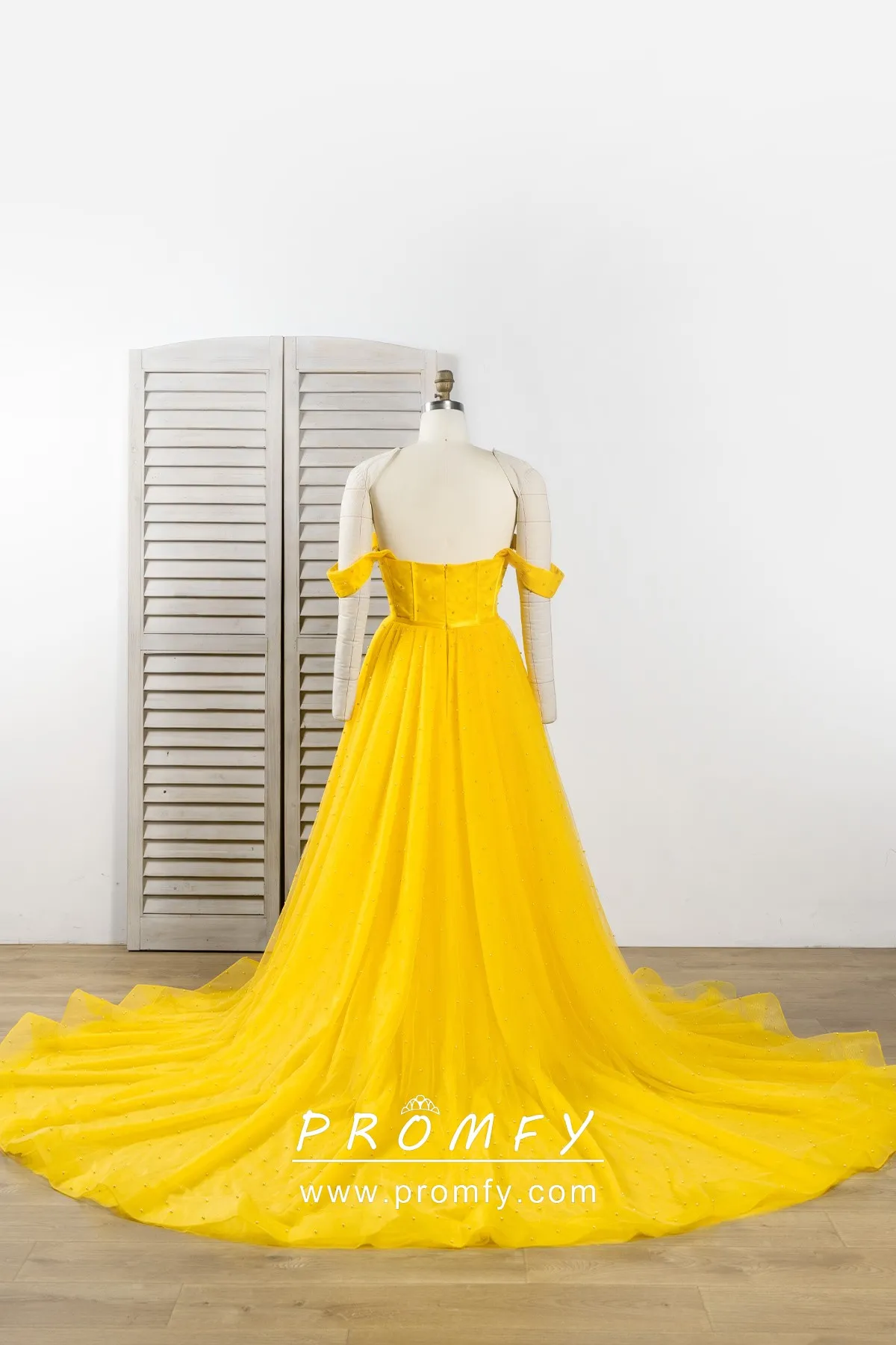 Vibrant Yellow Off-the-shoulder Pearled Tulle Long Dress - Promfy