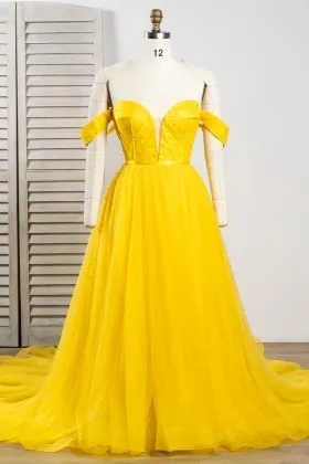 vibrant yellow off the shoulder pearled tulle long dress