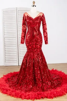 sparkly red sequin sleeved feather train mermaid dress
