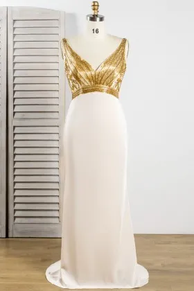 luxury gold beaded stripe floral empire waist long dress