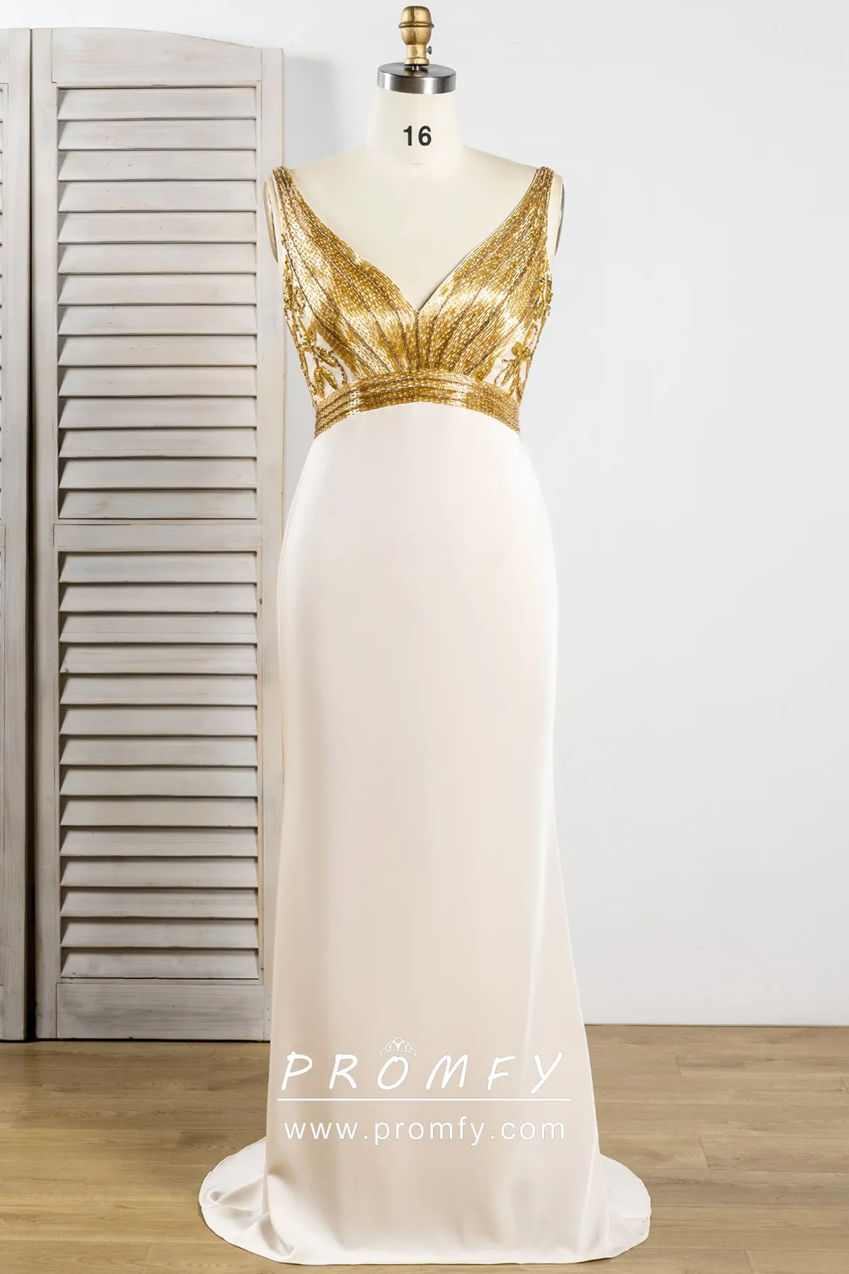 Luxury Gold Beaded Stripe&Floral Empire Waist Long Dress Promfy