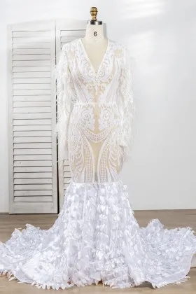 trendy long feather sleeve leavy train white sequin gown