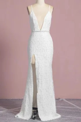 plunging v neck split white beaded trumpet evening gown