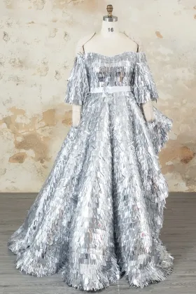 off the shoulder silver long sword sequin prom ball gown