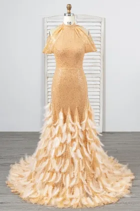 luxury gold beading feather african american prom gown