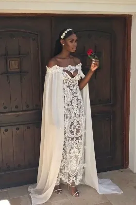 Ivory illusion chemical lace unique caped off the shoulder long bridal gown