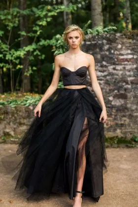 black satin and tulle two piece modern country slit bridal shower dress