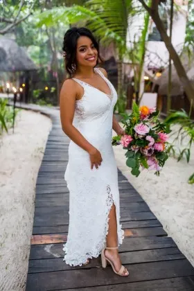 White lace body hugging split casual destination wedding dress