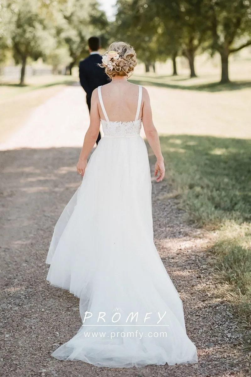 Beautiful Illusion Neck Ivory Rustic Wedding Dress Promfy