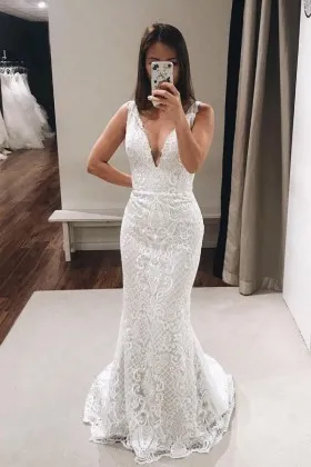 Off white lace plunging V neck floor length mermaid Boho wedding dress