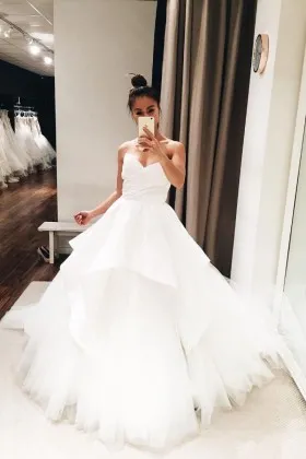 strapless modern white tulle ball gown wedding dress with satin overlay