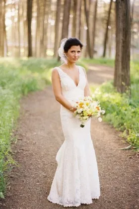 Vintage lace wedding dress plunging V neckline mermaid ivory bridal gown
