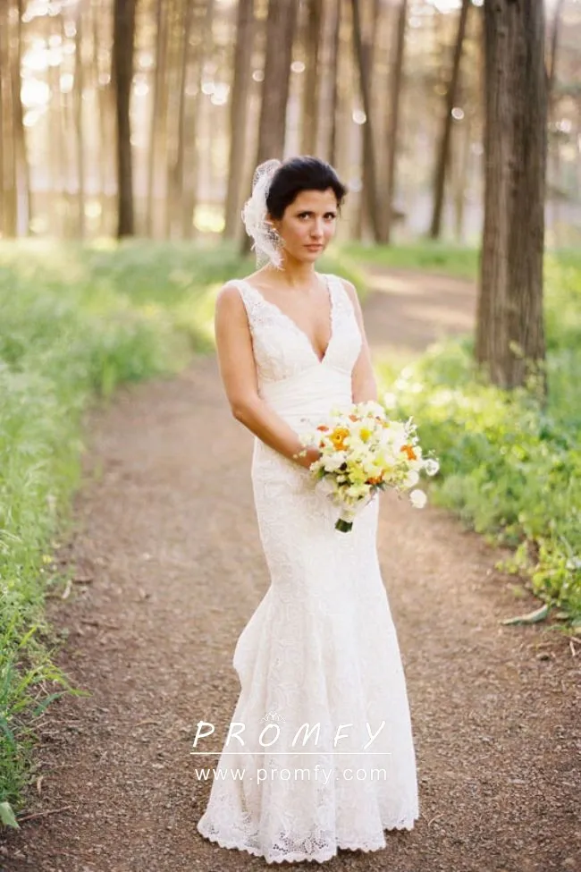 Vintage lace wedding dress plunging V neckline mermaid ivory bridal gown