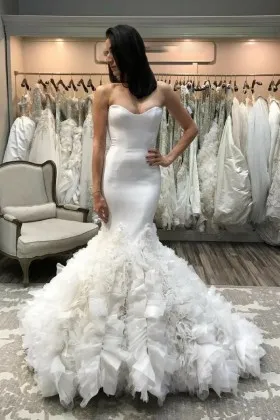 Uniquely ruffled trumpet ivory satin spring fall wedding gown
