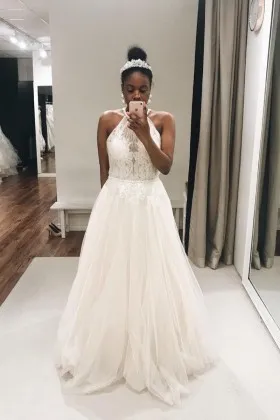 Chic sheer tulle wedding dress illusion lace bodice halter neckline bridal gown