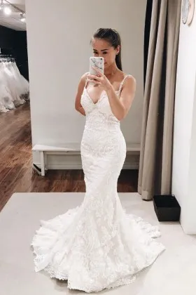 Modern ivory lace mermaid long wedding dress deep V neck with shoulder straps