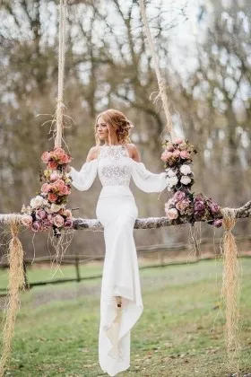 Romantic lace and chiffon outdoor bridal dress off the shoulder long sleeves