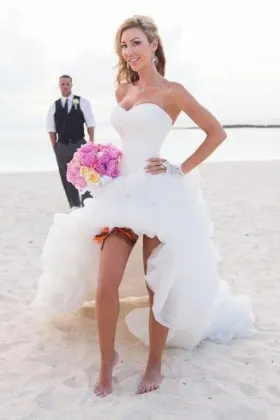 corset bodice ruffled high low beach wedding gown strapless sweetheart