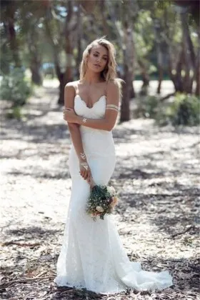 Off white Lace Open Back Couture Wedding Dress with Spaghetti Straps and Court Train