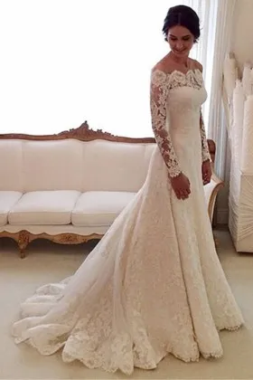Modest ivory lace mermaid wedding dress off the shoulder long sleeve