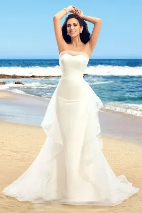 Stylish ruffled ivory satin and organza strapless beach wedding gown