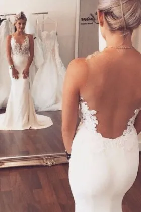 illusion open back lace mermaid long wedding dress