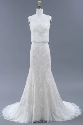Dramatic beaded ivory lace trumpet wedding dress scalloped chapel train