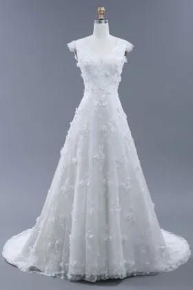 3D flowers appliqued ivory lace overlay V neckline wedding gown