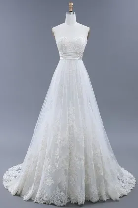 ivory lace and tulle classic strapless sweetheart floor length wedding gown