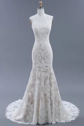 Chic nude lining ivory lace trumpet floor length bridal gown