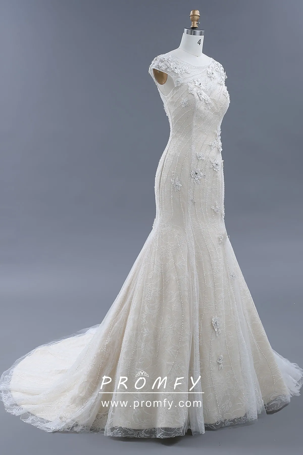 Beaded & Lace 3D Flowers Tulle Cream Wedding Gown Promfy