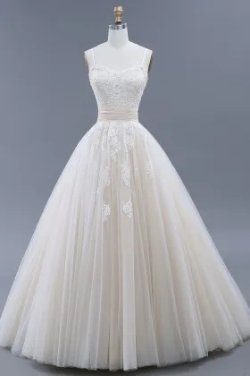 Princess wedding ball gown cream lace and tulle dress with spaghetti straps