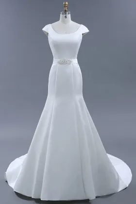 Vintage inspired off white satin cap sleeve trumpet wedding gown