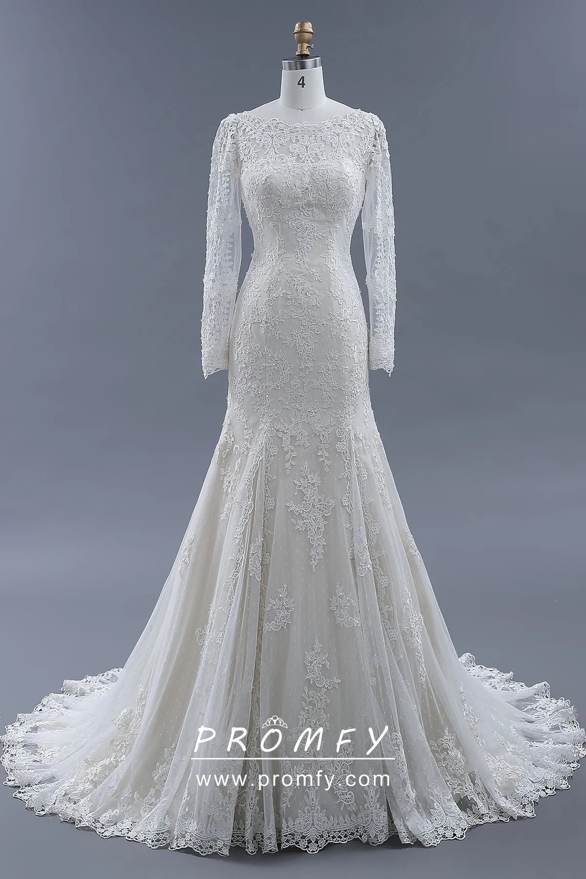 Vintage inspired ivory lace long sleeve trumpet chapel train wedding gown