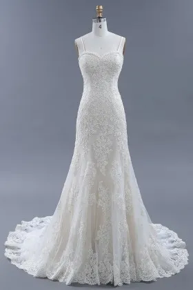 elegant ivory lace sweetheart neckline with spaghetti straps trumpet wedding gown