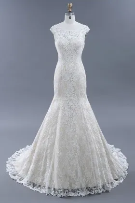 Vintage inspired ivory satin with lace overlay trumpet long wedding dress