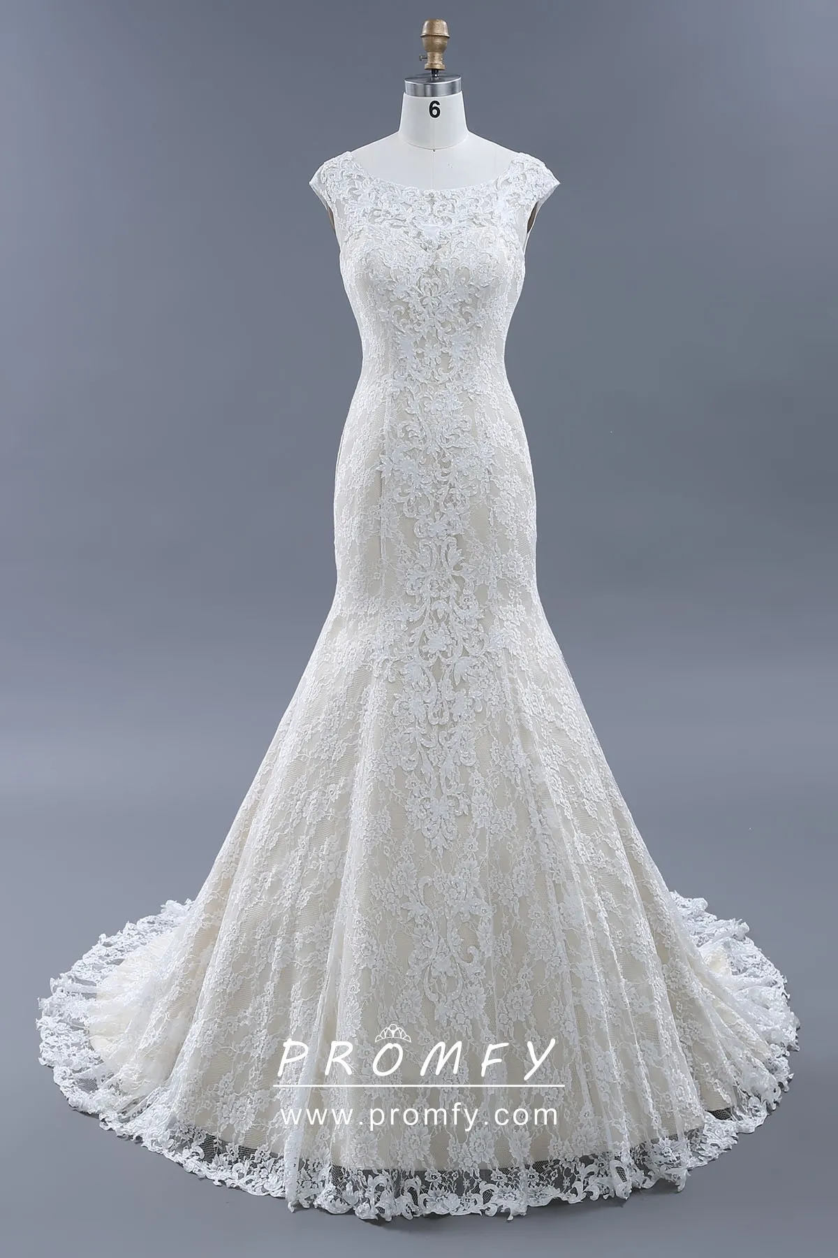 Vintage inspired ivory satin with lace overlay trumpet long wedding dress