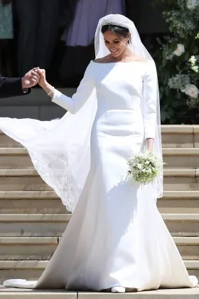Meghan Markle white satin long sleeve trumpet celebrity long wedding dress