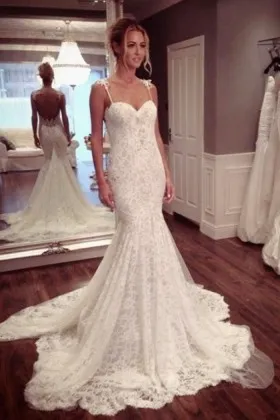 Modern ivory lace backless mermaid wedding dress with spaghetti straps