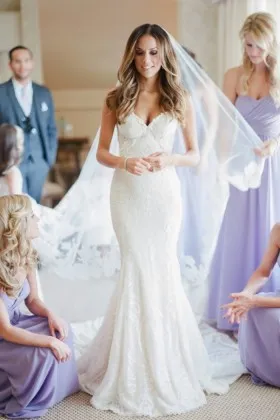 Subtle white lace pearls V neck open back mermaid modern wedding dress
