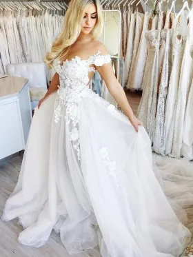 Romantic white lace off the shoulder floor length tulle wedding gown