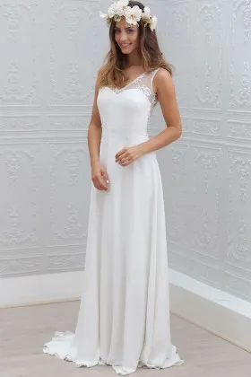 Cute white chiffon with lace scalloped open V back A line long bridal dress