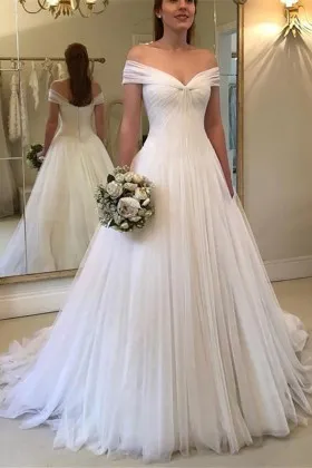 Subtle pleated white tulle wedding ball gown off the shoulder V neckline