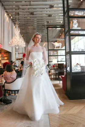 Simple ivory satin mermaid royal theme wedding gown with sheer tulle overlay