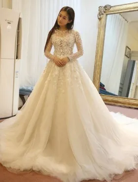 Illusion ivory lace long sleeves and neckline ball gown wedding dress