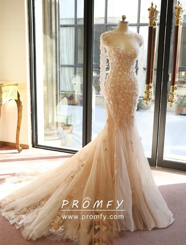 Blush Floral Lace Sweet Trumpet Tulle Wedding Dress Promfy