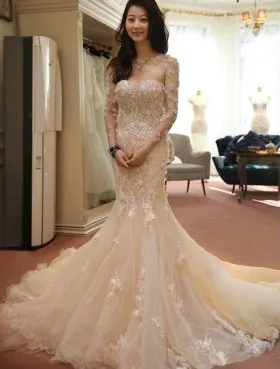 Blush floral lace appliqued sweet cute trumpet tulle floor length wedding dress