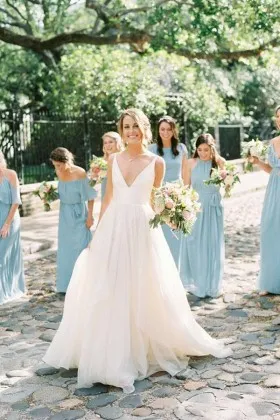 Simple modern ivory tulle plunging V neckline backless long wedding dress